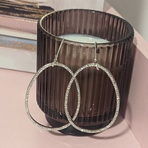 Silver Rhinestone Oval Hoop Dangle Earrings